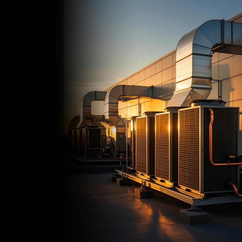 Commercial rooftop HVAC equipment at golden hour