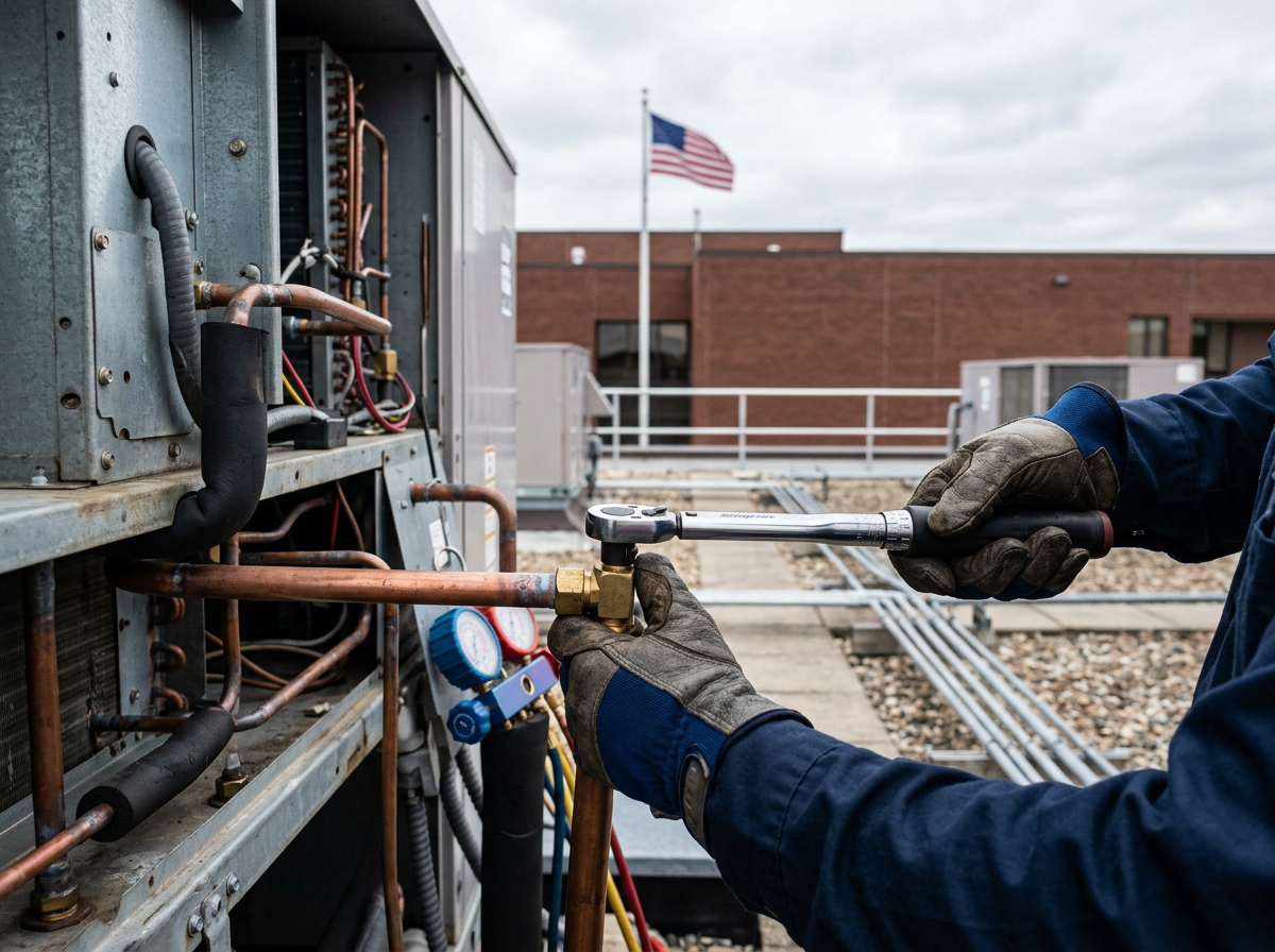 HVAC technician servicing a commercial rooftop unit at a U.S. government facility